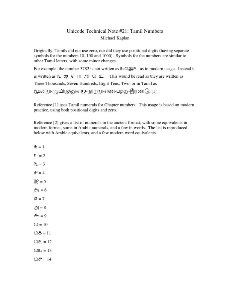 Tamil Numbers Tamil Language Encodings