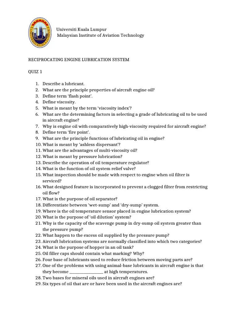 Reciprocating Lubrication Quiz PDF Motor Oil Lubricant