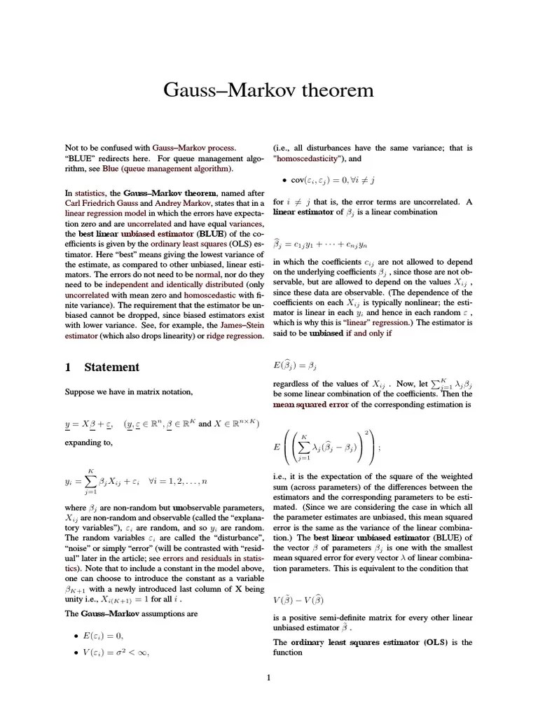 GaussMarkov Theorem Ordinary Least Squares Estimator