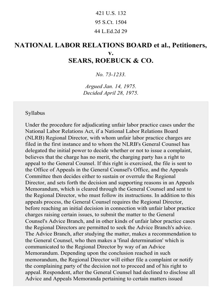 NLRB v. Sears, Roebuck & Co., 421 U.S. 132 (1975) PDF Unfair Labor