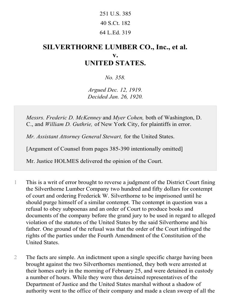 Silverthorne Lumber Co. v. United States, 251 U.S. 385 (1920