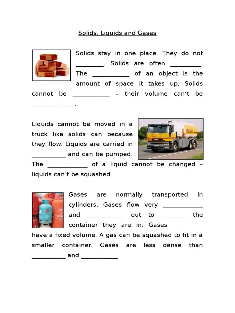 Solids, Liquids and Gases Worksheet