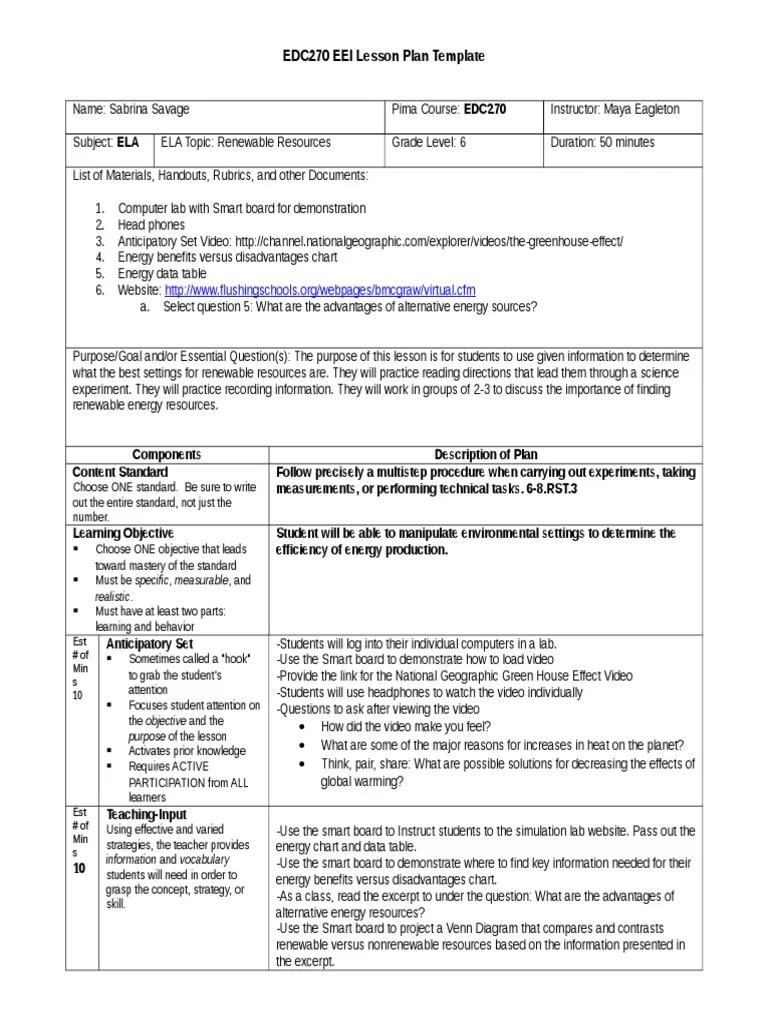 Eei Technology Lesson Plan Lesson Plan Homework