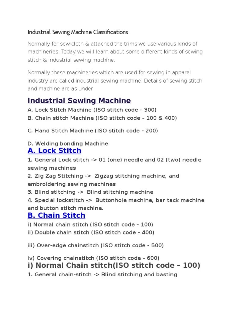 Industrial Sewing Machine Classifications PDF Sewing Machine Sewing