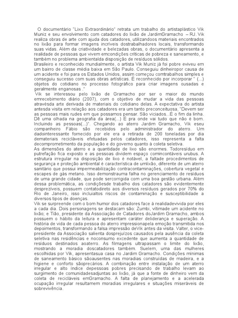 Resumo lixo extraordinario Aterro Desperdício