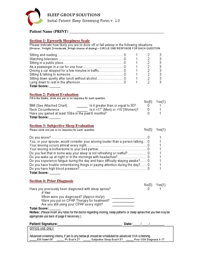 Section 1 Epworth Sleepiness Scale PDF Sleep Apnea Sleep