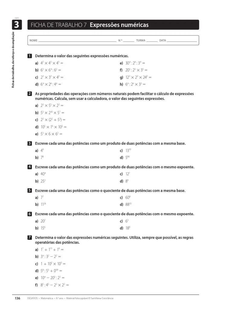 Expressões Numericas 6 Ano