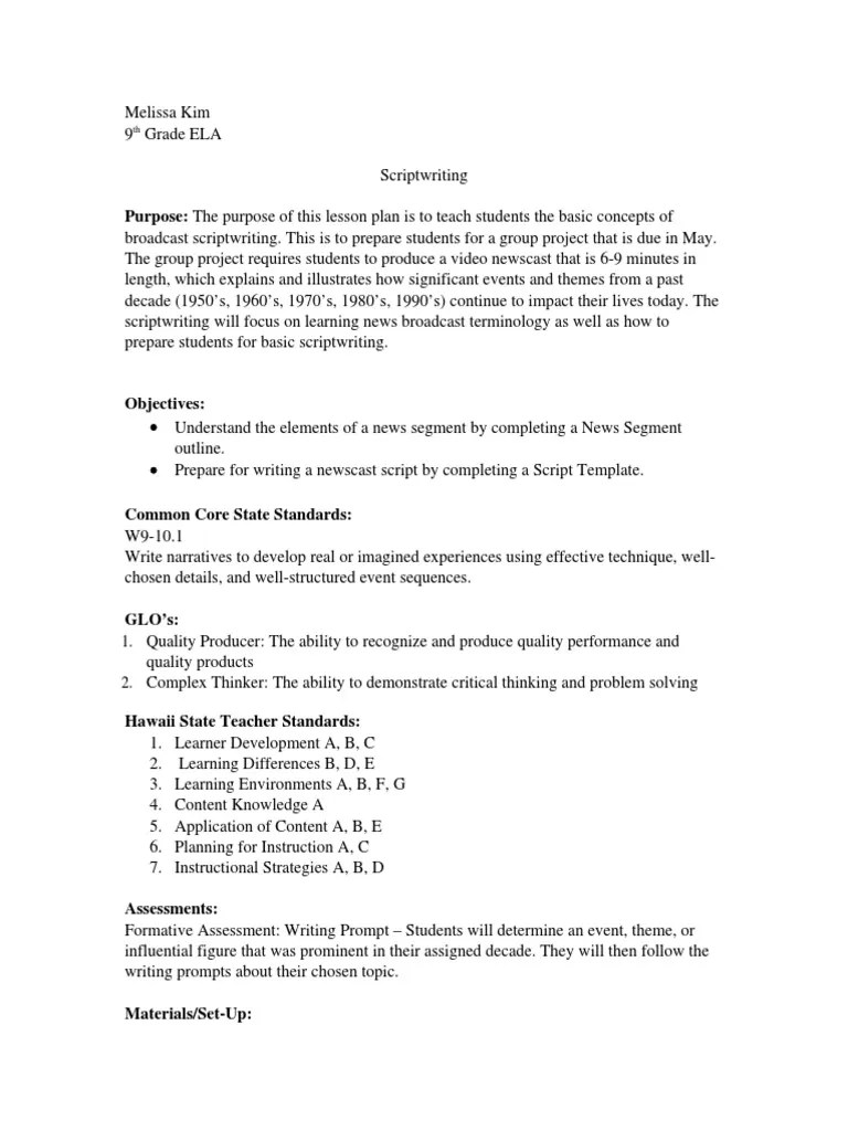 scriptwriting lesson plan Lesson Plan Teaching