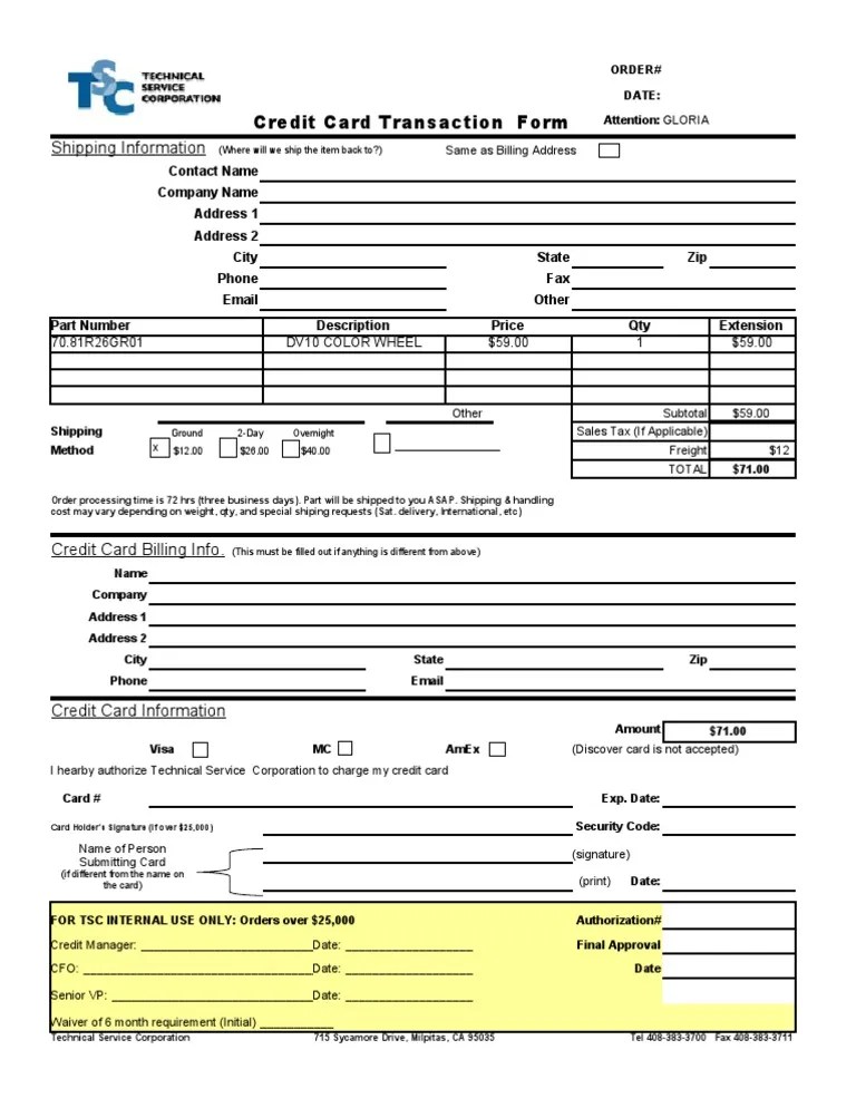 Credit Card Transaction Form Shipping Information Credit Card
