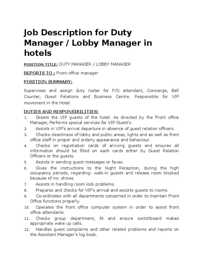 Job Description For Duty Manager / Lobby Manager in Hotels REPORTS TO