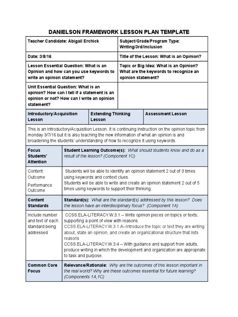 Danielson Framework Lesson Plan Template Result of The Lesson? 1C) PDF