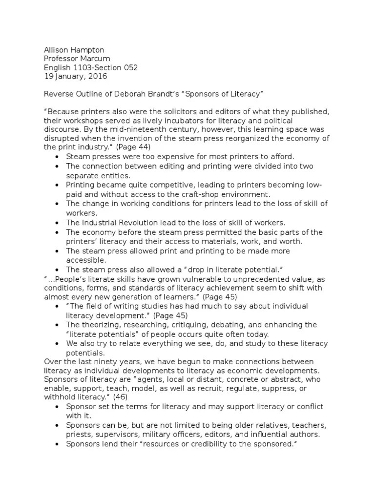 UWRT Reverse Outline and Answers 1 Literacy Teaching And Learning