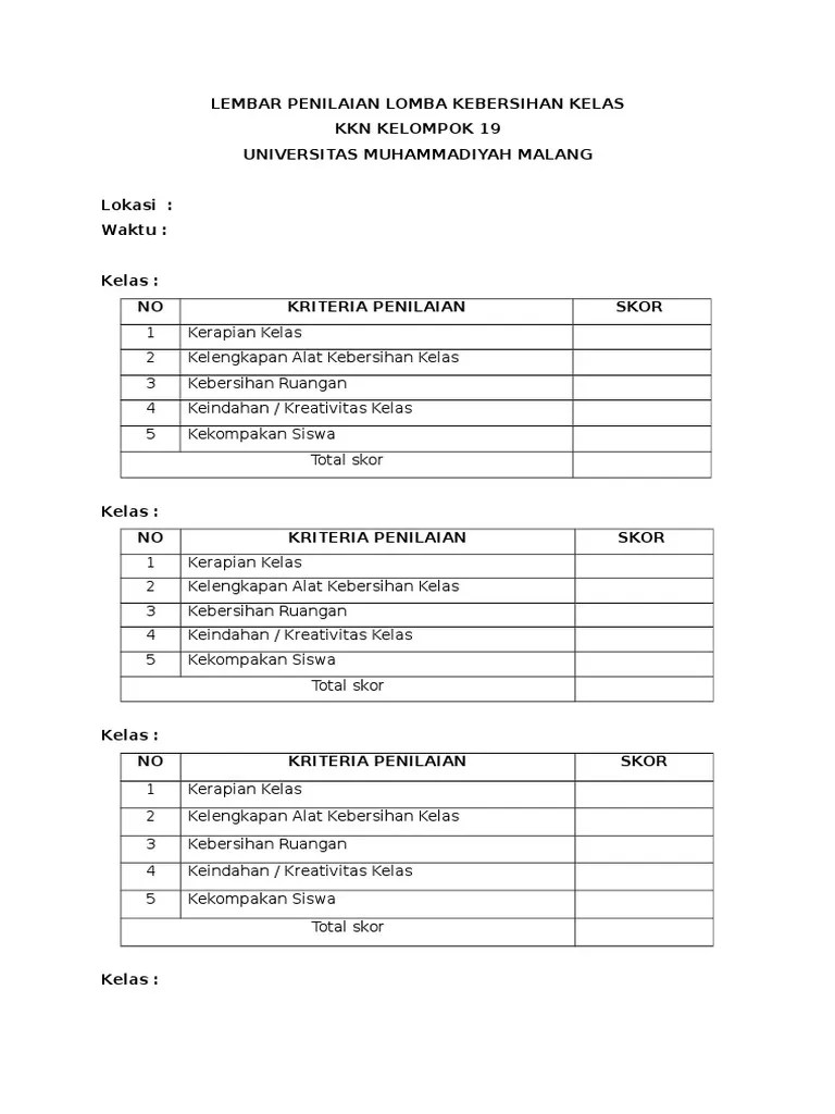 Lembar Penilaian Lomba Kebersihan Kelas