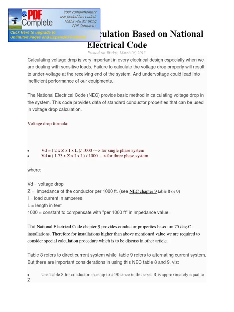 Voltage Drop Calculation Based On National Electrical Code | PDF