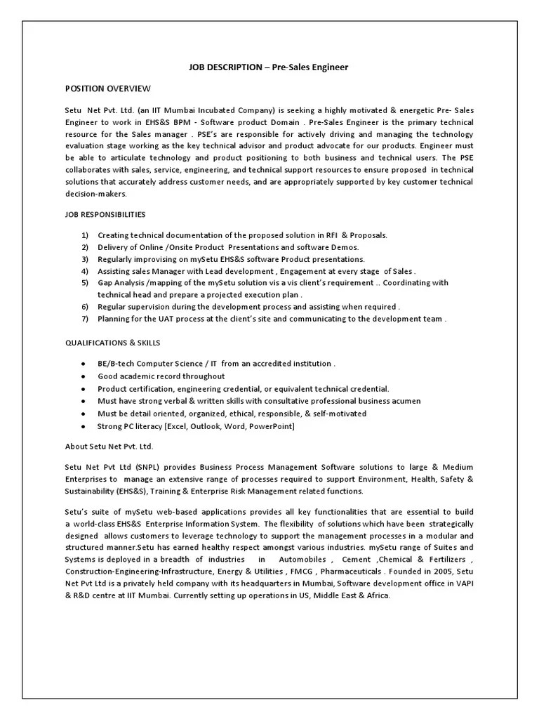 Job Description Presales Engineer Software Development Business