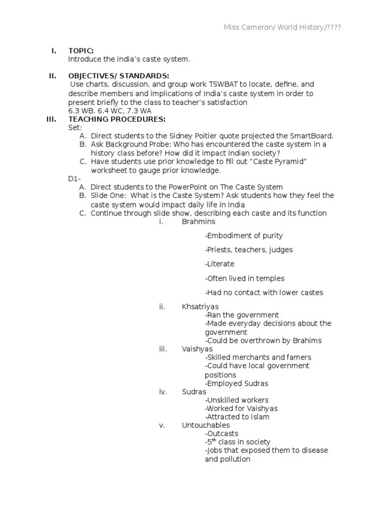 caste system lesson plan Caste Teaching And Learning