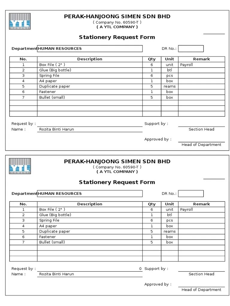 Form Stationery Request Form PDF