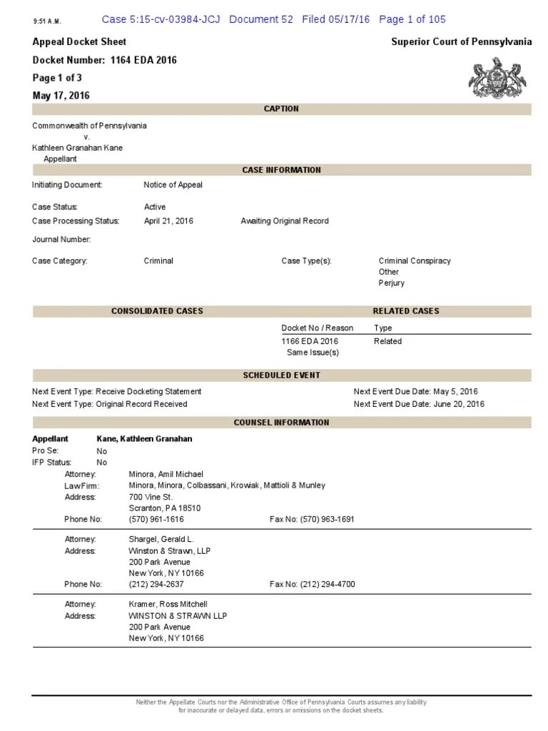 Superior Court of Pennsylvania Appeal Docket Sheet Docket Number 1164(07)