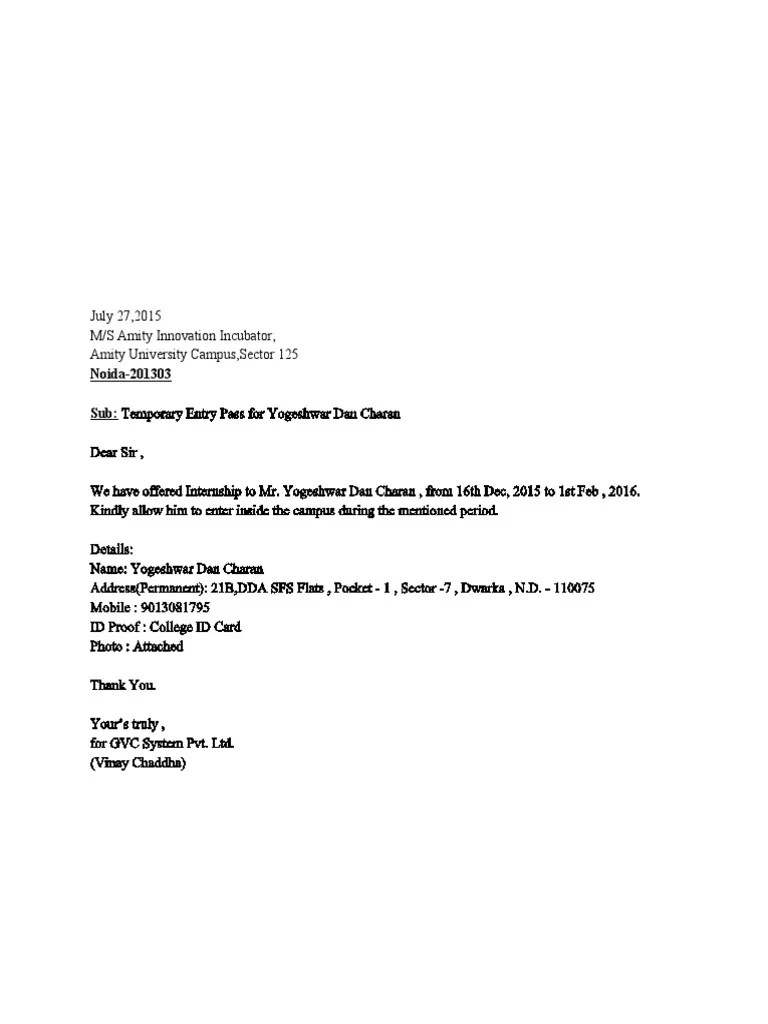 Entry Pass Request Letter PDF