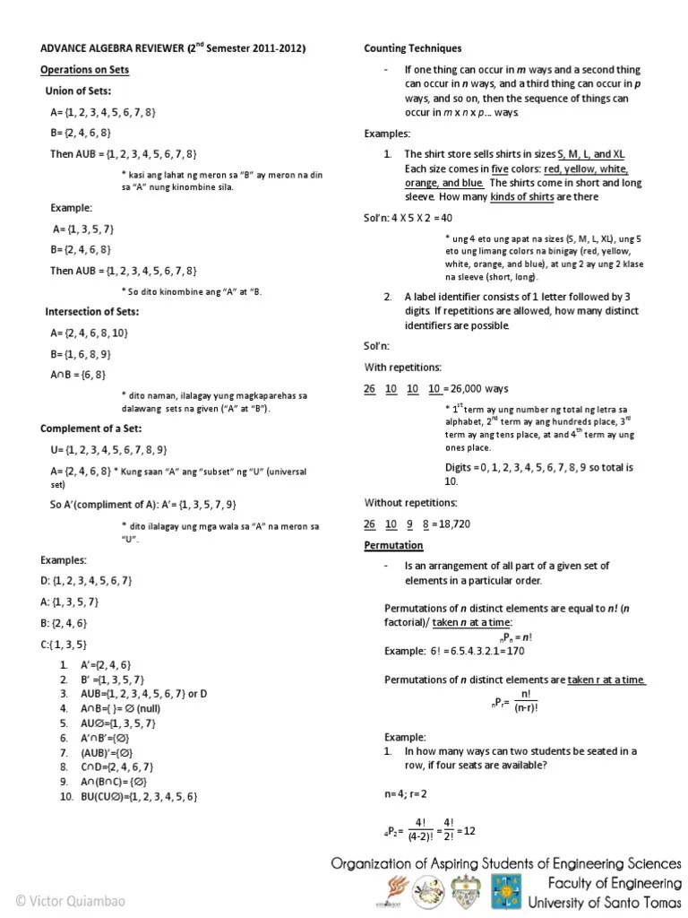 Advanced Algebra Finals Reviewer Part I Mathematical Concepts
