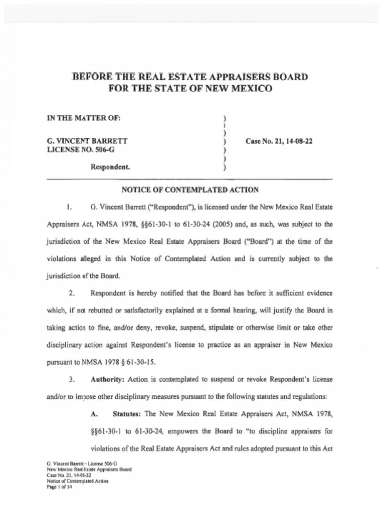 Dr. Vince Barrett Notice of Contemplated Action by the New Mexico