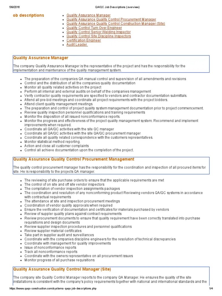 QA QC Job Descriptions (Overview) Quality Assurance Verification