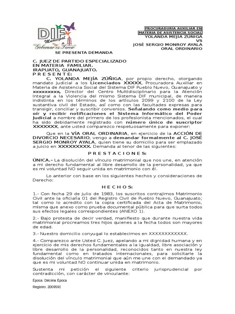 Demanda de divorcio incausado Caso de ley Divorcio