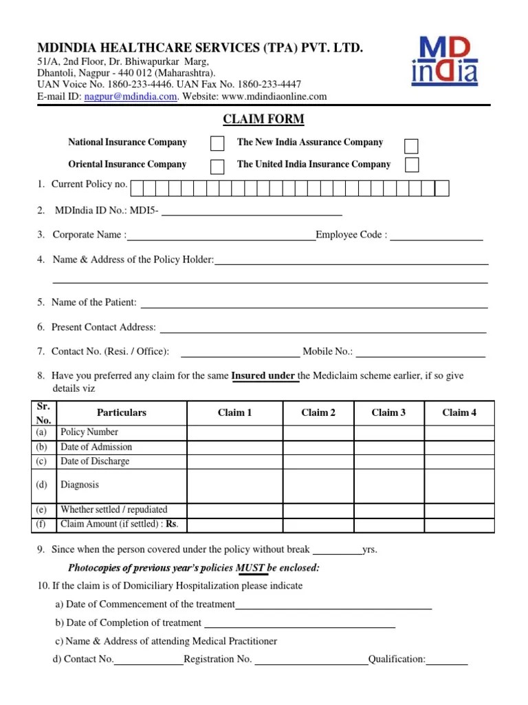 MD India Insurance Claim Form Hypertension Hospital