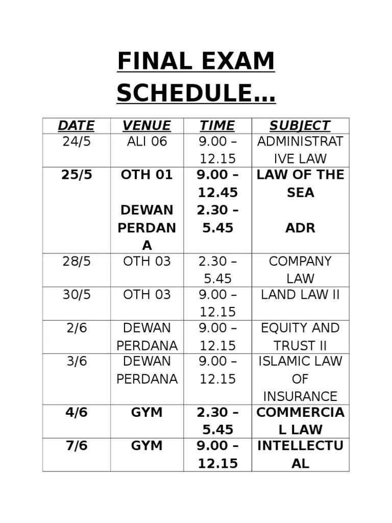 Final Exam Schedule PDF Law