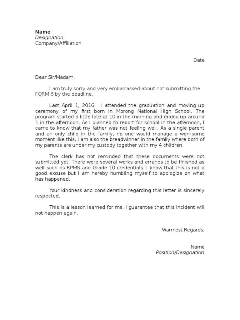 Letter of Apology for Late Submission Childhood Family