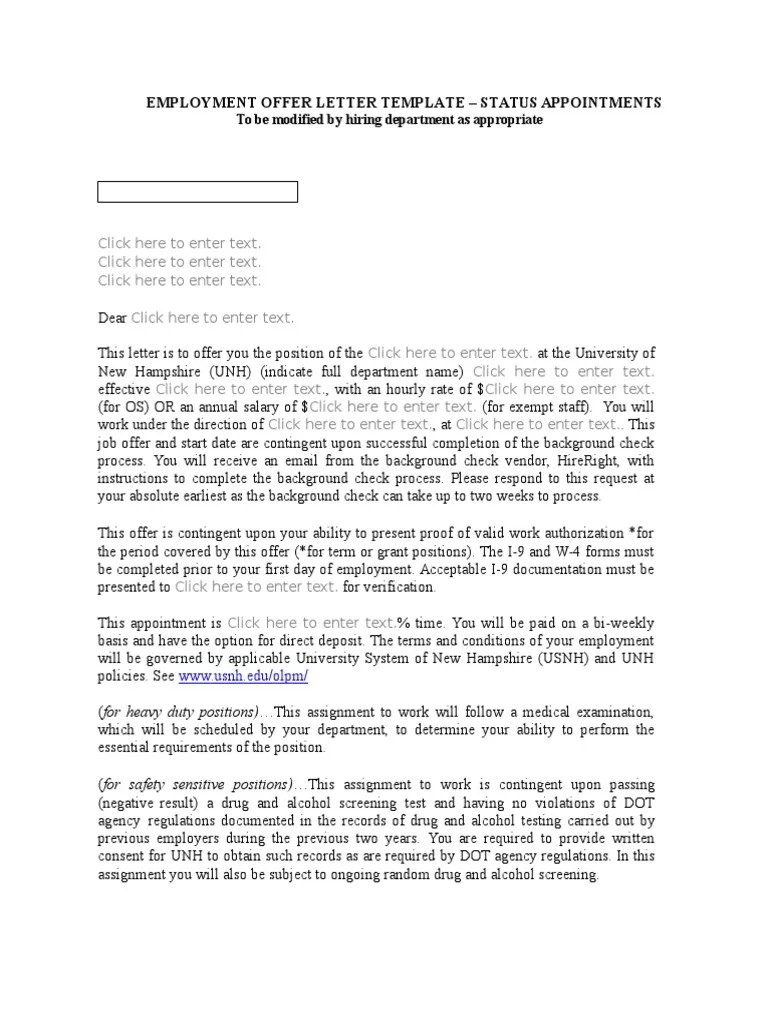 Offer Letter Template Status Staff Background Check Employment
