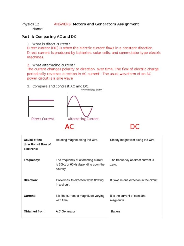 ANSWERS Motors and Generators Assignment