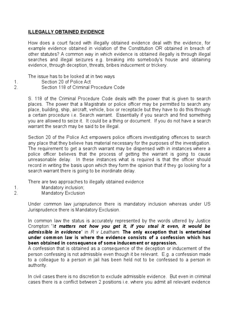 Illegally Obtained Evidencebrief Notes Search And Seizure Search