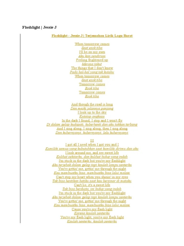 Lirik Lagu Flashlight Jessie J Dan Terjemahannya