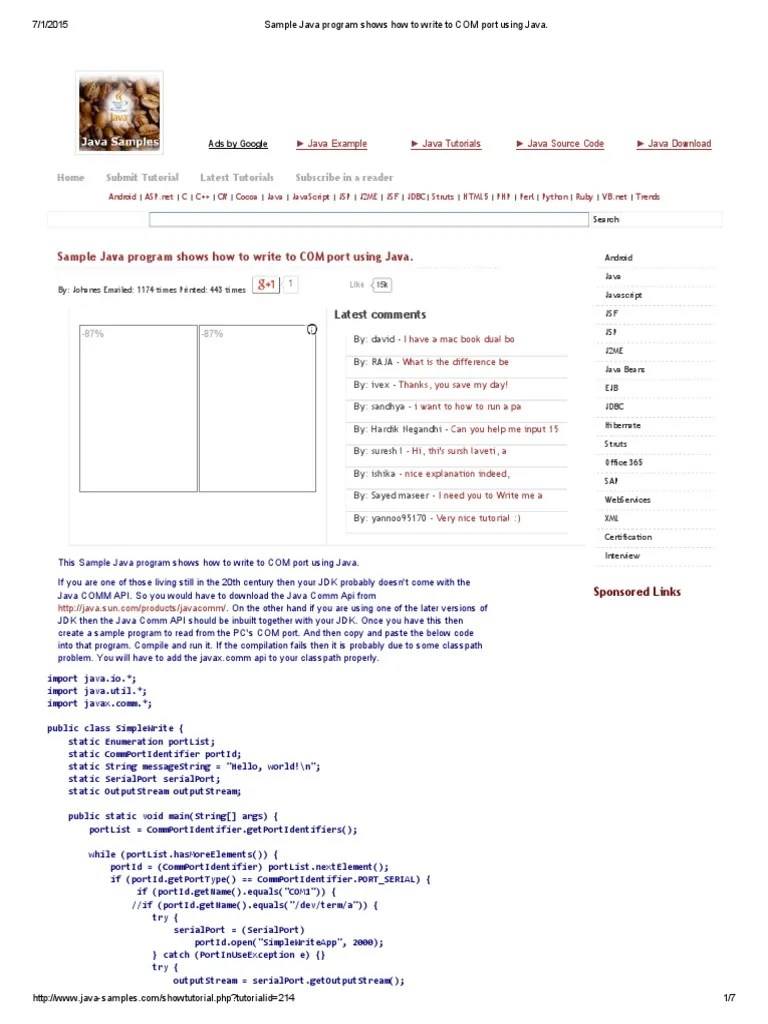 Sample Java Program Shows How to Write to COM Port Using Java Java