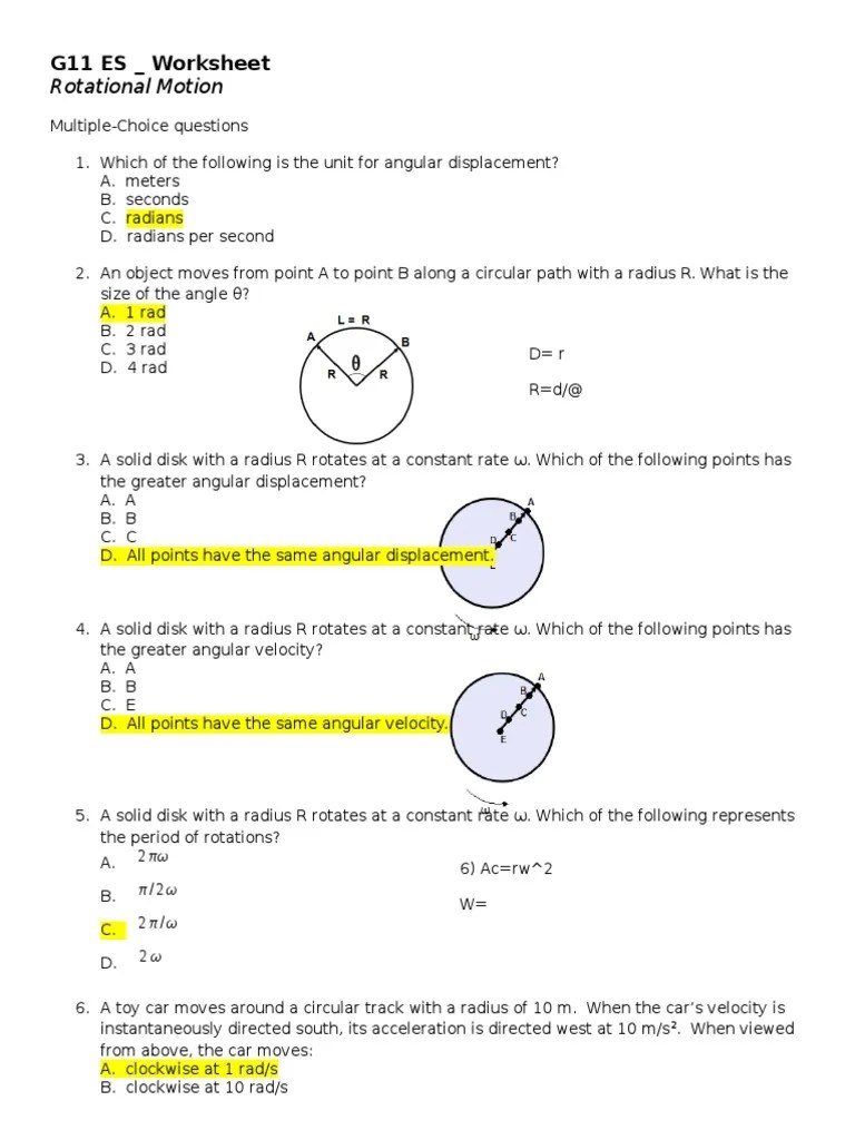 Rotational Motion Worksheet Acceleration Rotation Around A Fixed Axis