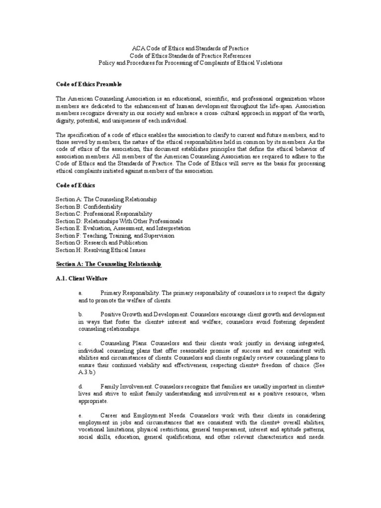 ACA Code of Ethics Counseling Psychology Consent Free 30day