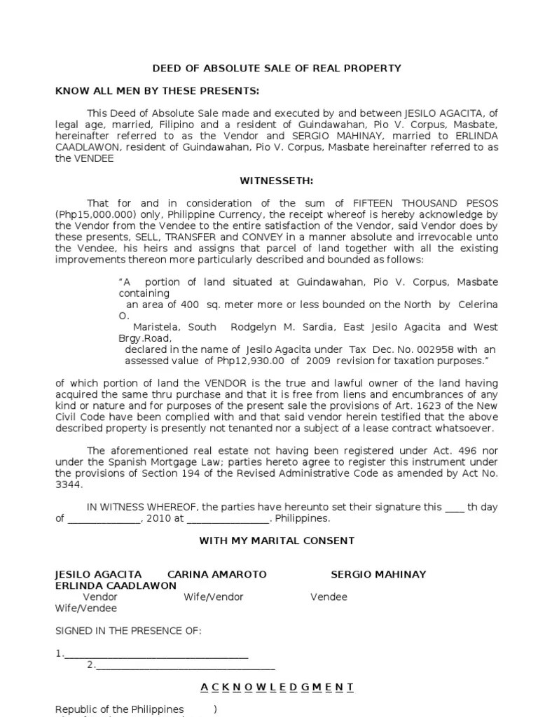 Deed of Absolute Sale of Real Property Deed Mortgage Law