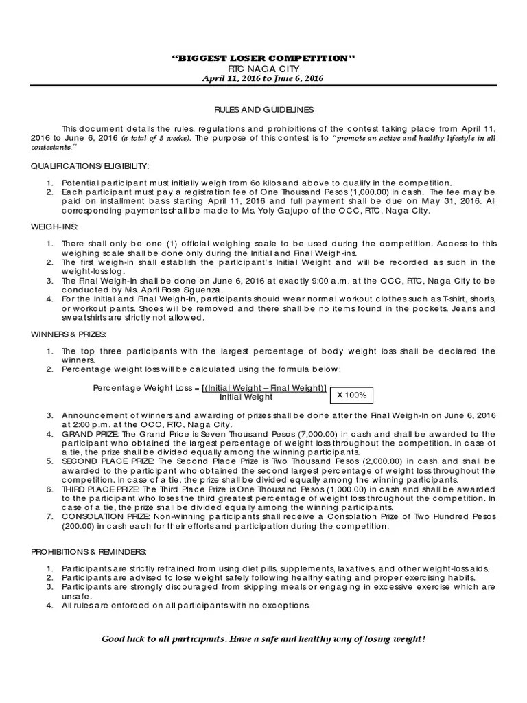Biggest Loser_rules and Guidelines Weight Loss Business