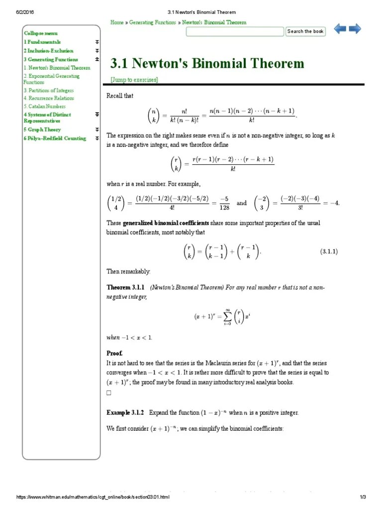 Newton's Binomial Theorem Exponentiation Theorem