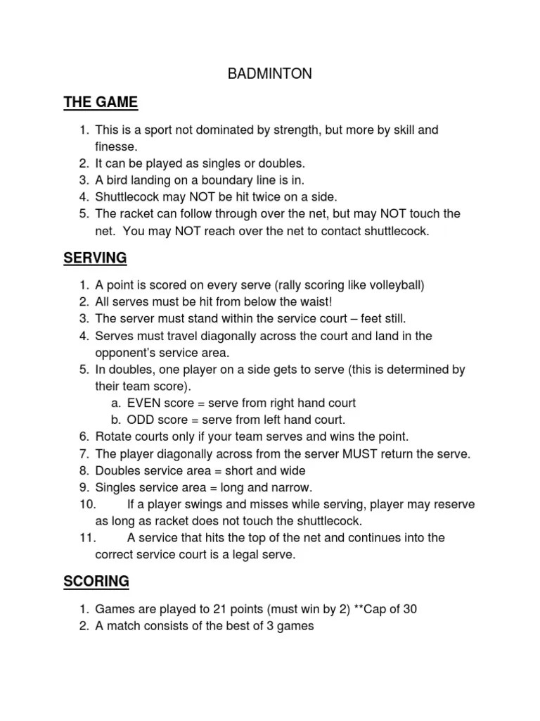 Badminton Basic Rules Recreation Leisure