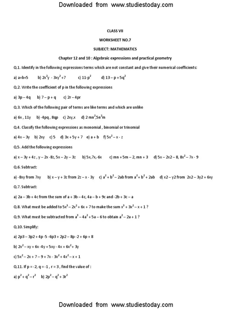 CBSE Class 7 Maths Worksheet Algebraic Expression (2) Mathematical Objects Mathematical