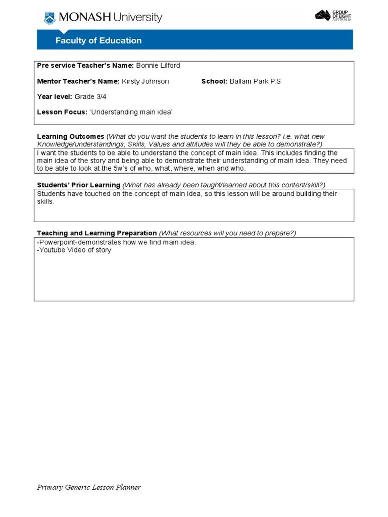 main idea lesson plan Lesson Plan Learning