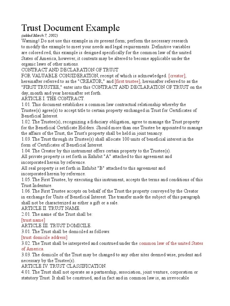 Trust Document Example Trust Law Trustee