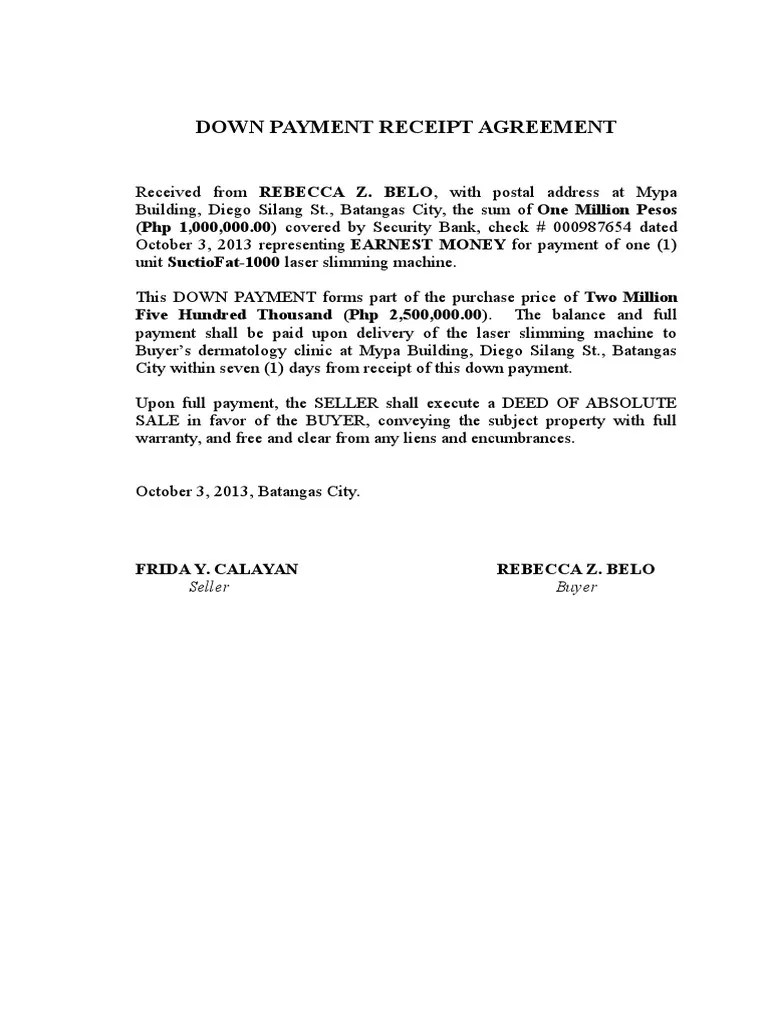 Down Payment Receipt Agreement