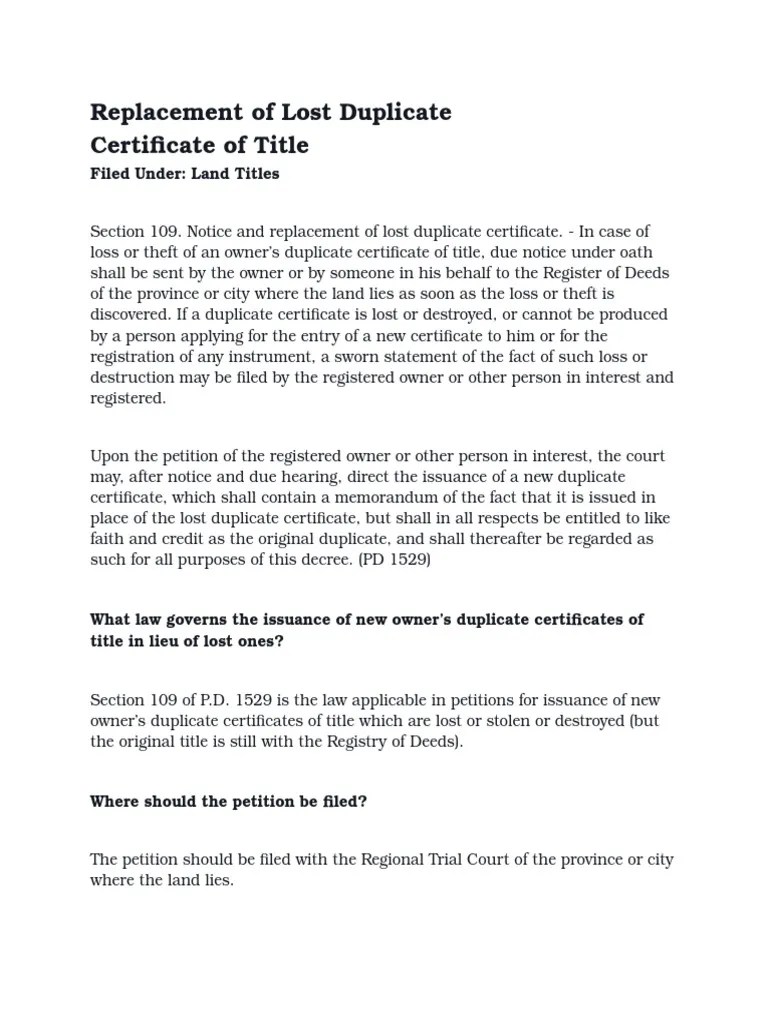 Replacement of Lost Duplicate Certificate of Title
