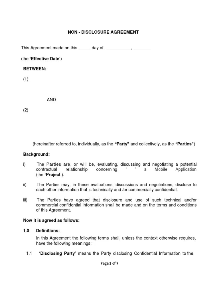 NDA Format Blank Confidentiality Non Disclosure Agreement