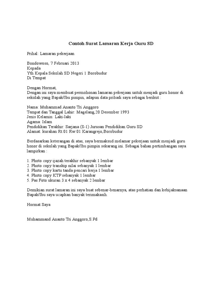 Contoh Surat Lamaran Kerja Guru SD PDF