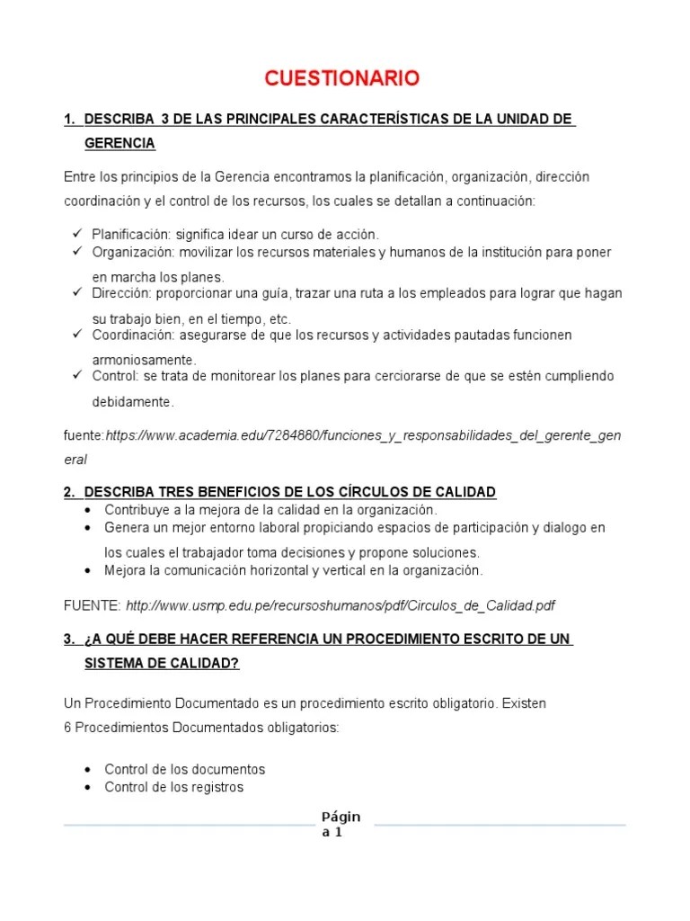Cuestionario Control de Calidad Gestión de la calidad Calidad