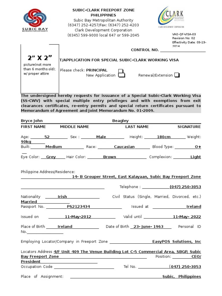 SubicClark Working Visa Application Form PDF Travel Visa Affidavit